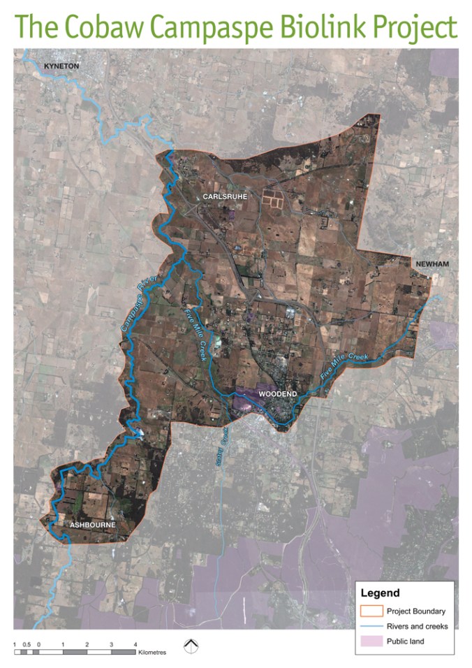 This map shows the approximate area of the Cobaw Campaspe Biolink Project.